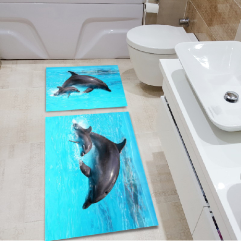 3 Boyutlu Yunus Balıklı İkili Banyo Paspas Seti