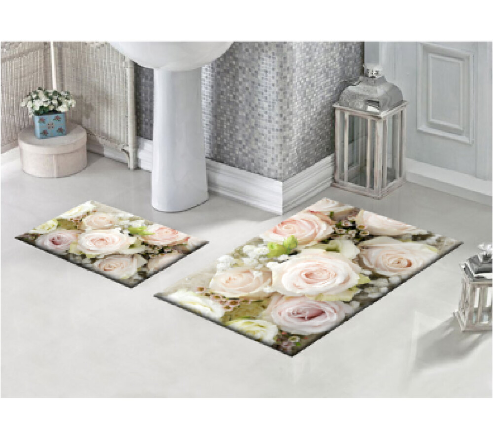 Beyaz Gül İkili Banyo Paspas Seti