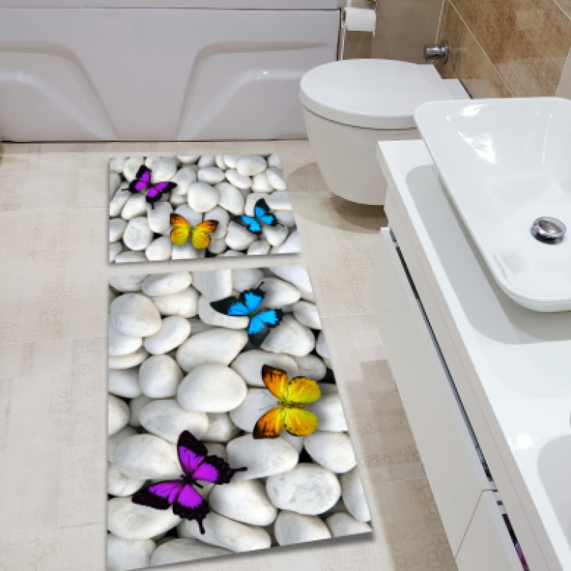 Beyaz Taşlar Üzerinde Renkli Kelebekler İkili Banyo Paspas Seti