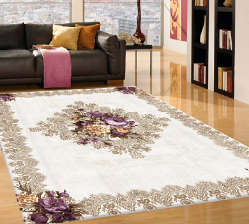 Boyut Sarı Mor Gül Desenli Halı PL0037