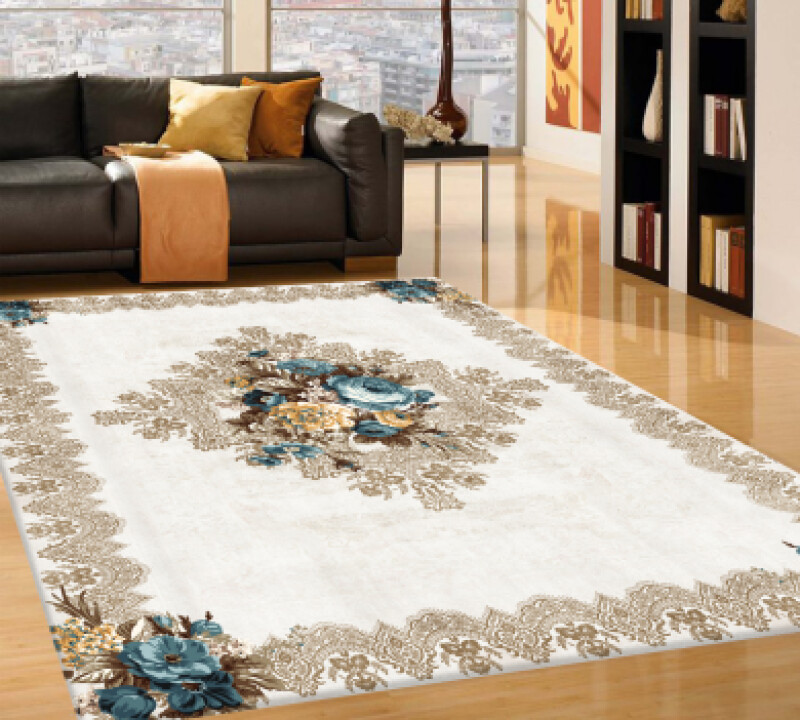 Boyut Sarı Turkuaz Gül Desenli Halı PL0036