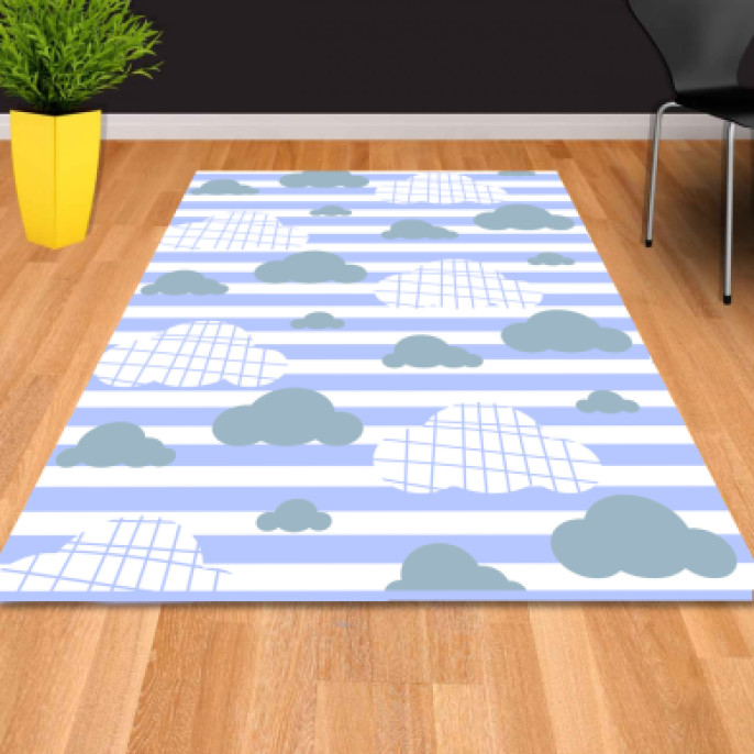 Bulut Desenli Çizgili Erkek Çocuk Odası Halısı