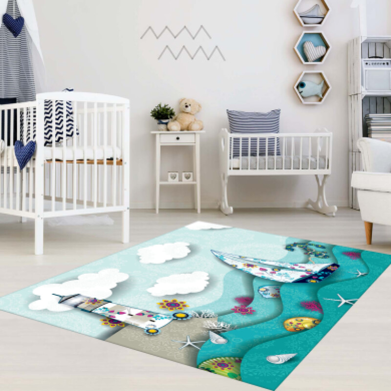 Dalgalı Yelkenli Deniz Feneri Çocuk Odası Halısı