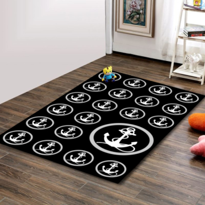 Denizci Çapası Siyah Arkaplan Erkek Çocuk Odası Halısı