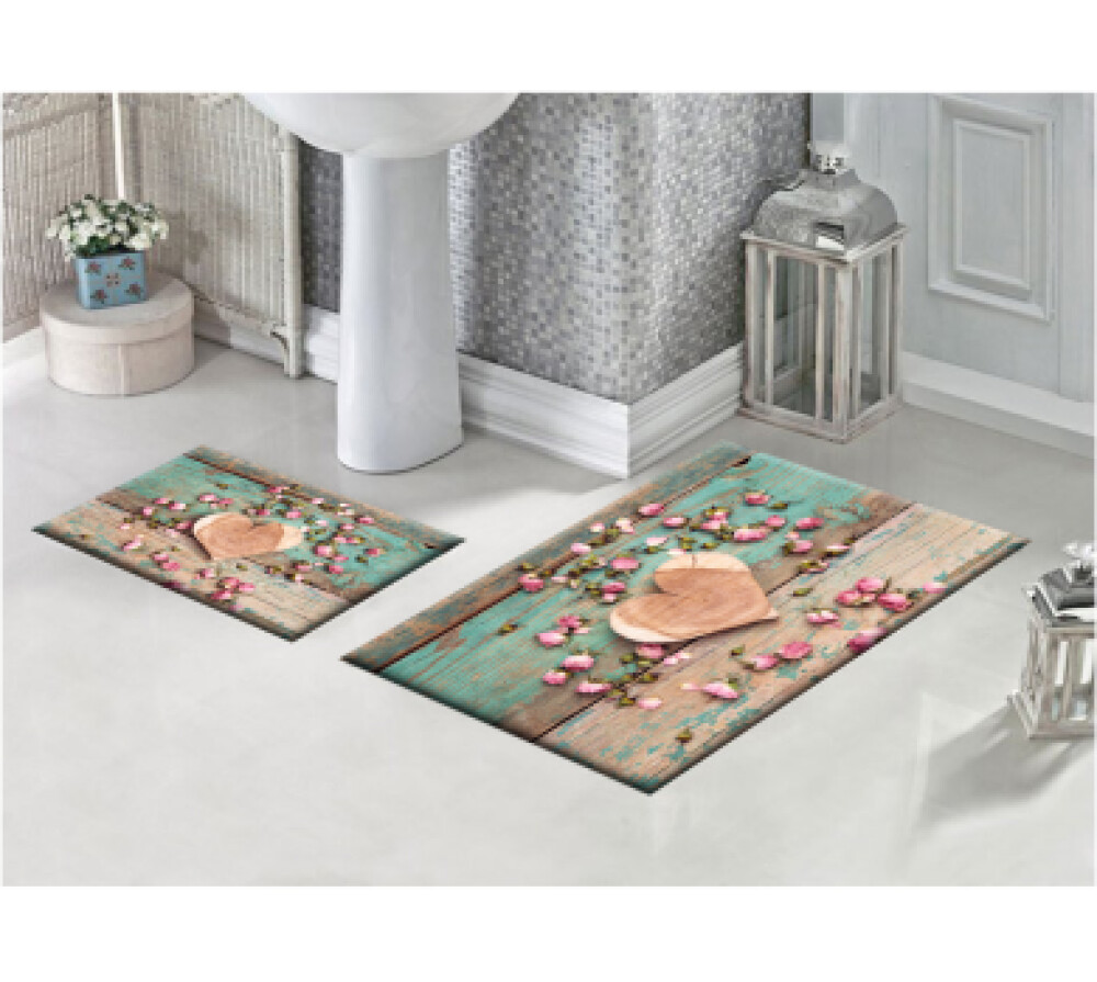 Kalpli Çiçekli İkili Banyo Paspas Seti