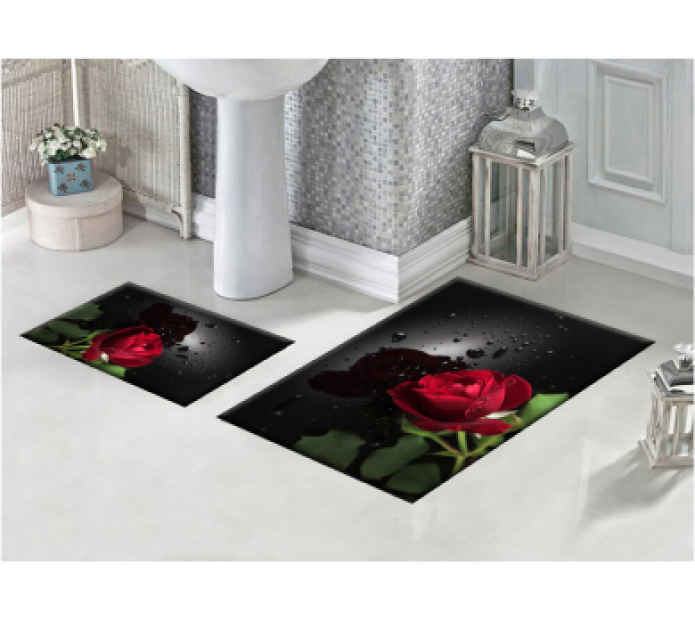 Kırmızı Gül İkili Banyo Paspas Seti