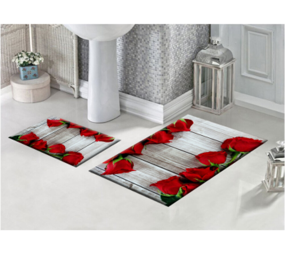 Kırmızı Gül İkili Banyo Paspas Seti