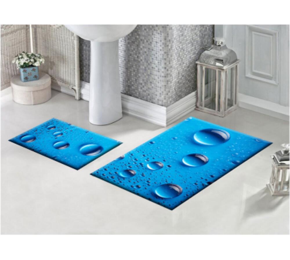 Mavi Damla İkili Banyo Paspas Seti