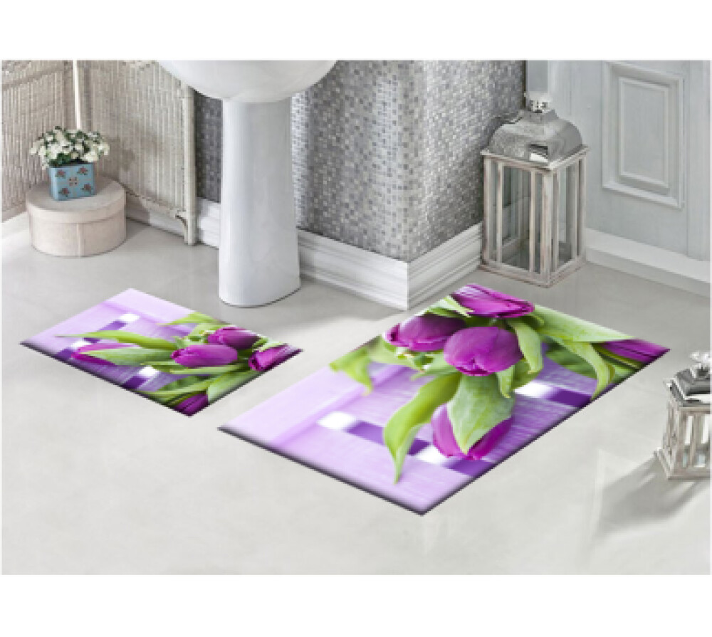 Mor Çiçekli İkili Banyo Paspas Seti