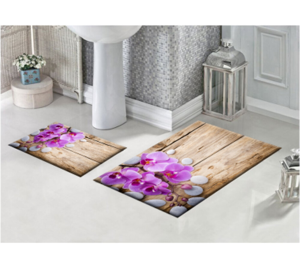 Mor Çiçekli İkili Banyo Paspas Seti