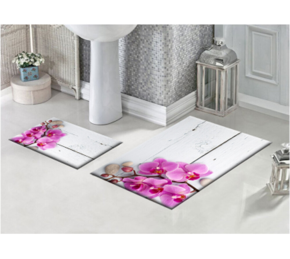 Mor Çiçekli İkili Banyo Paspas Seti
