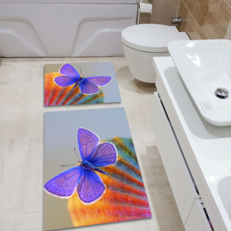 Mor Kelebekli 3 Boyutlu İkili Banyo Paspas Seti