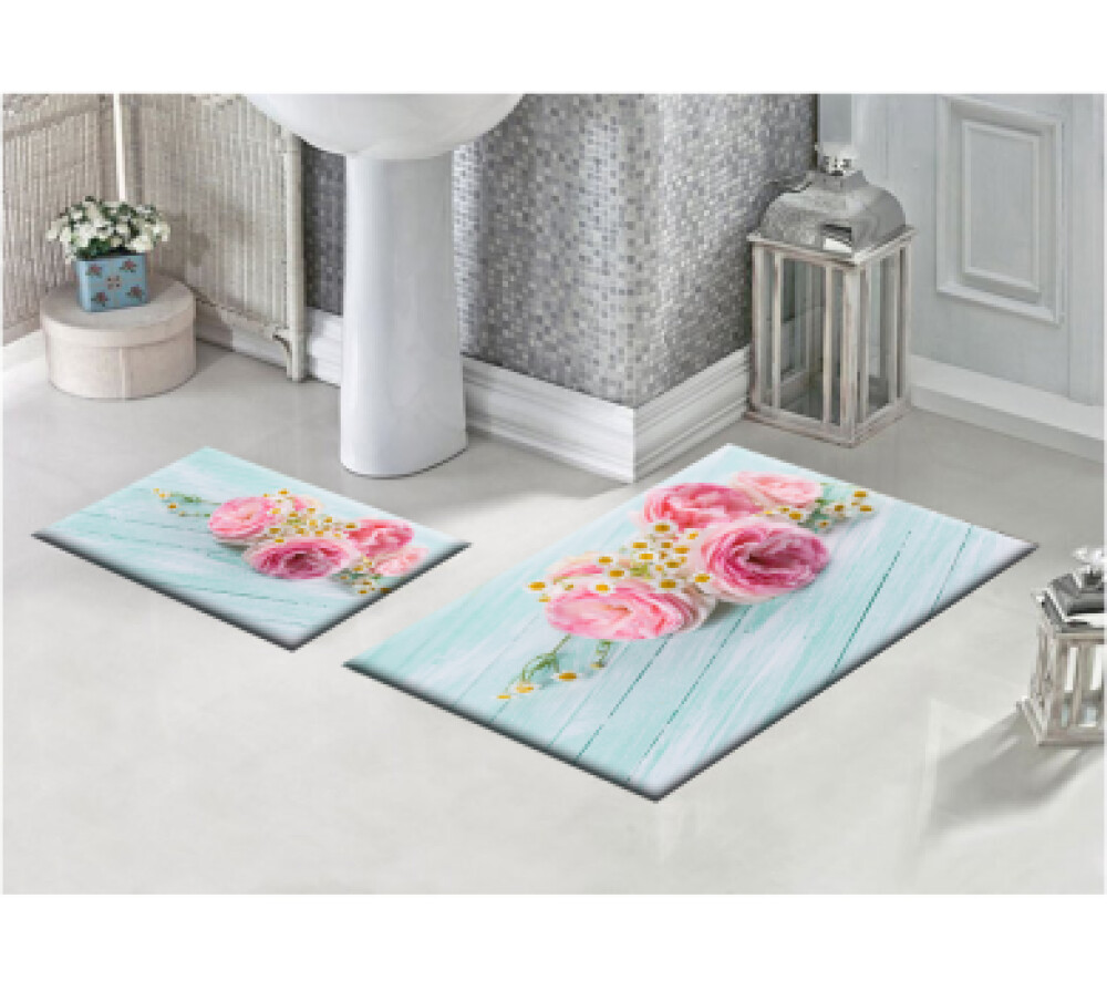 Pembe Gül İkili Banyo Paspas Seti