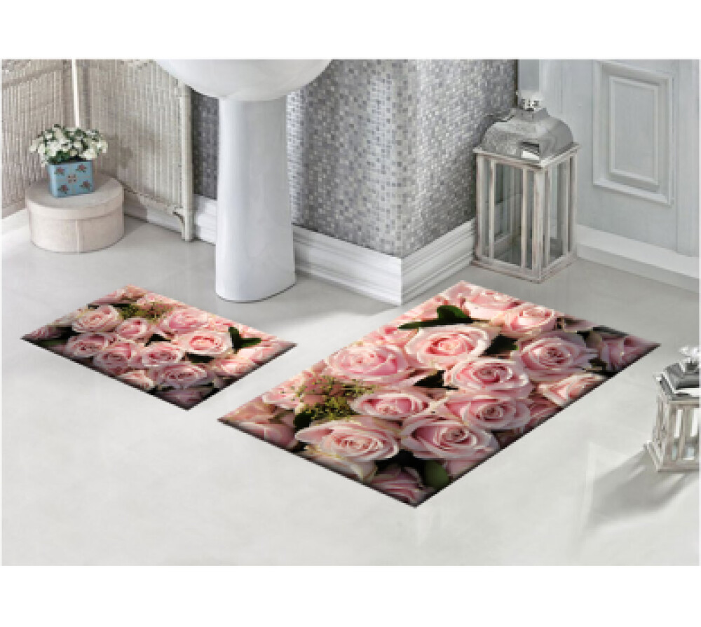 Pembe Gül İkili Banyo Paspas Seti