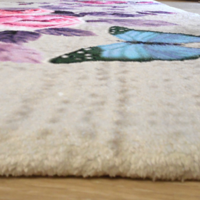 Pembe gül mor yapraklı krem lastikli halı örtüsü