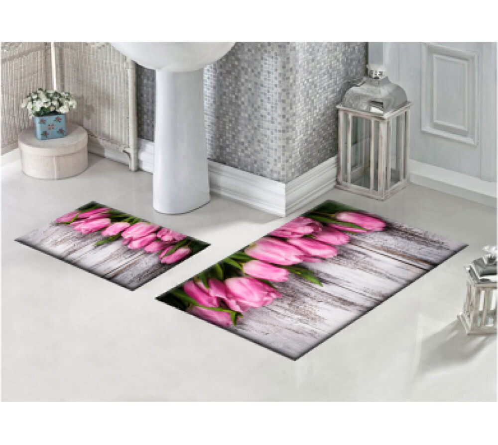 Pembe Lale İkili Banyo Paspas Seti