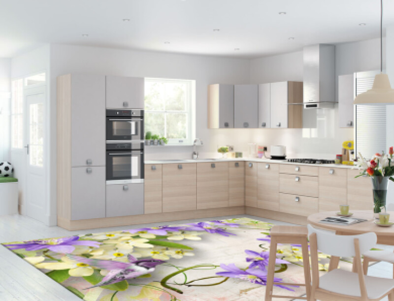 Sarı Mor Çiçekli Dekoratif Mutfak Halısı