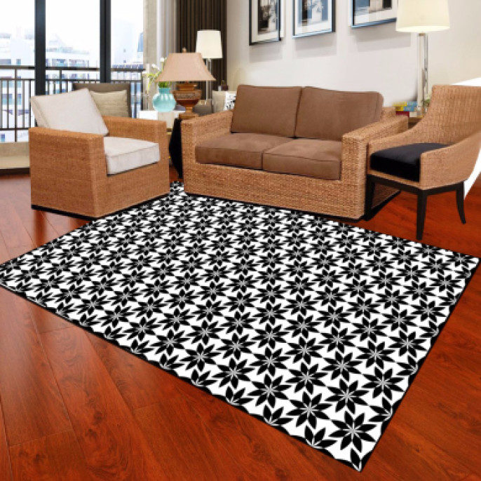 Siyah Beyaz Çiçek Desenli Dekoratif Halı 99