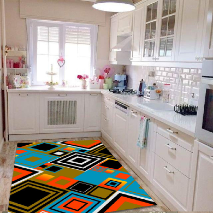 Soyut Kare Desenli Dekoratif Mutfak Halısı