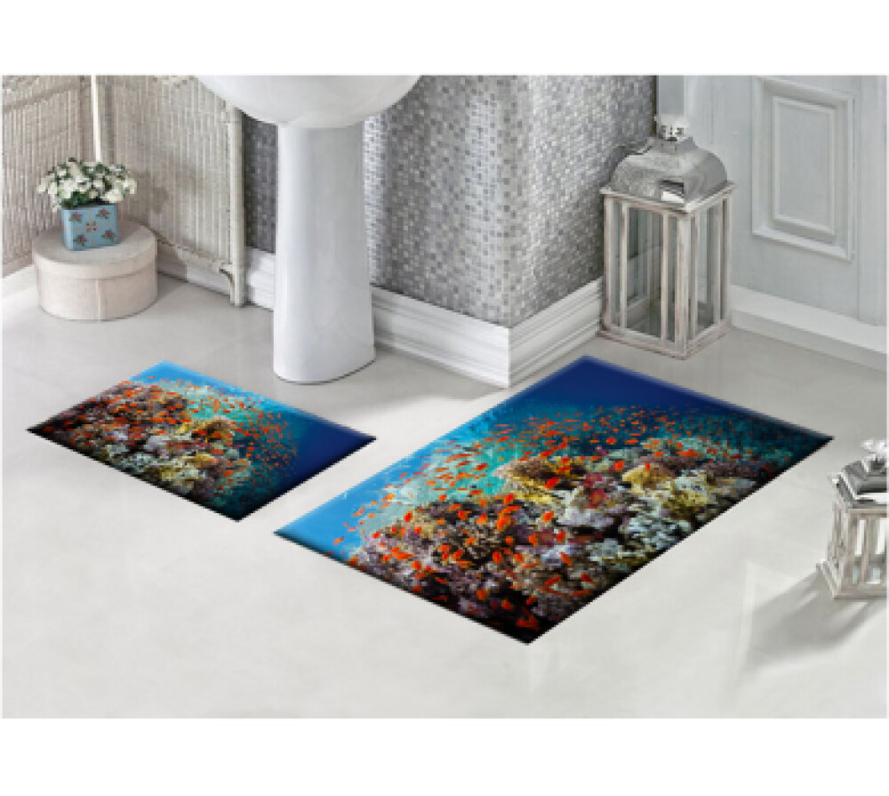 Sualtı Renkli Balıklar İkili Banyo Paspas Seti