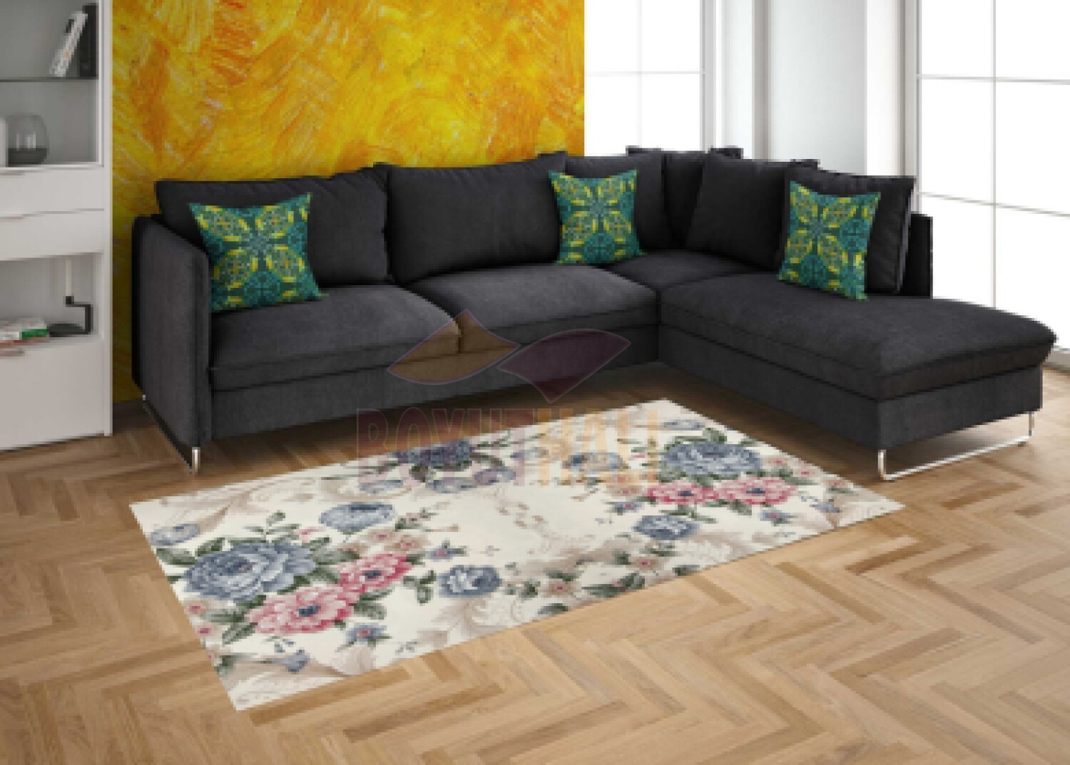 Turkuaz Pembe Gül Desenli Dekoratif Halı