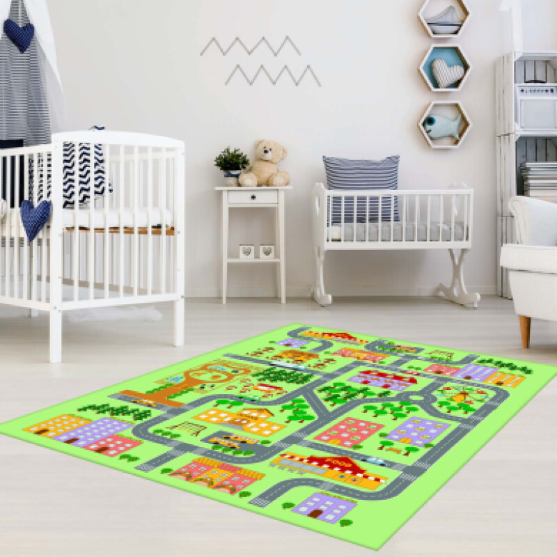 Yeşil Şehir Yollar Eğitici Çocuk Oyun Odası Halısı