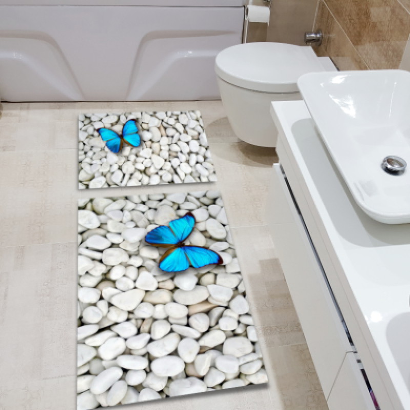 3 Boyutlu Beyaz Taşlar Üzerine Mavi Kelebek İkili Banyo Paspas Seti – Elektrik Mavisi Çarpıcı