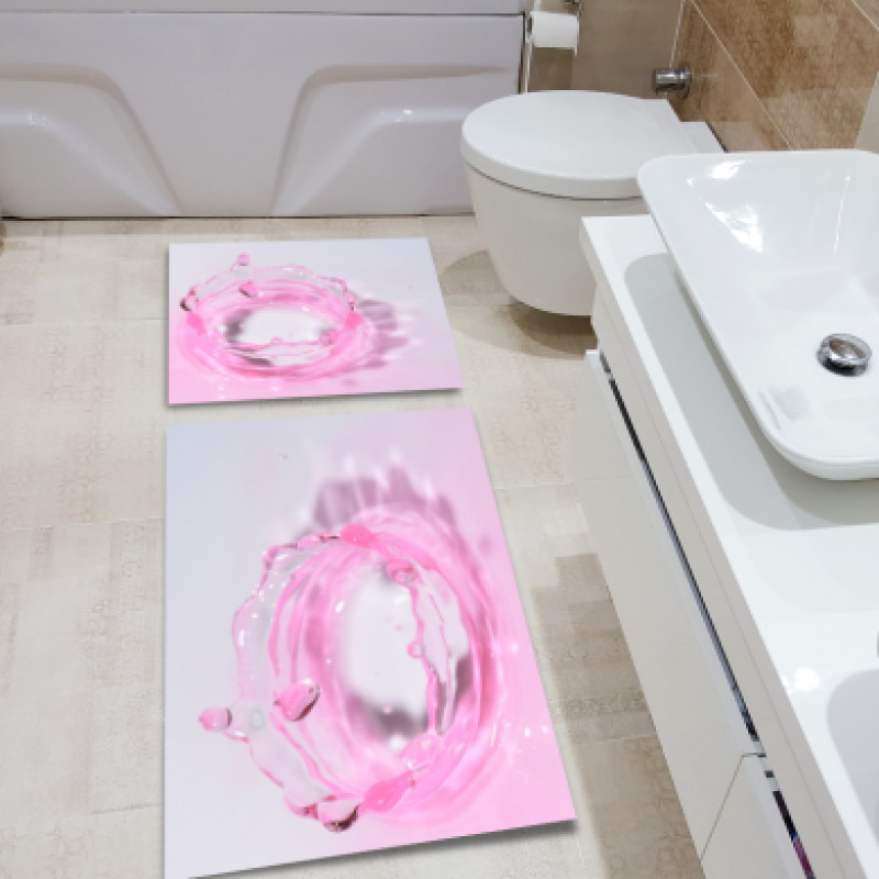 3 Boyutlu Pembe Sıvı Efektli İkili Banyo Paspas Seti – Pembe Su Taçı Makro Sanat