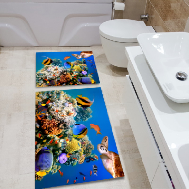 3 Boyutlu Renkli Deniz Akvaryum İkili Banyo Paspas Seti – Canlı Mercan Kaplumbağa Renk