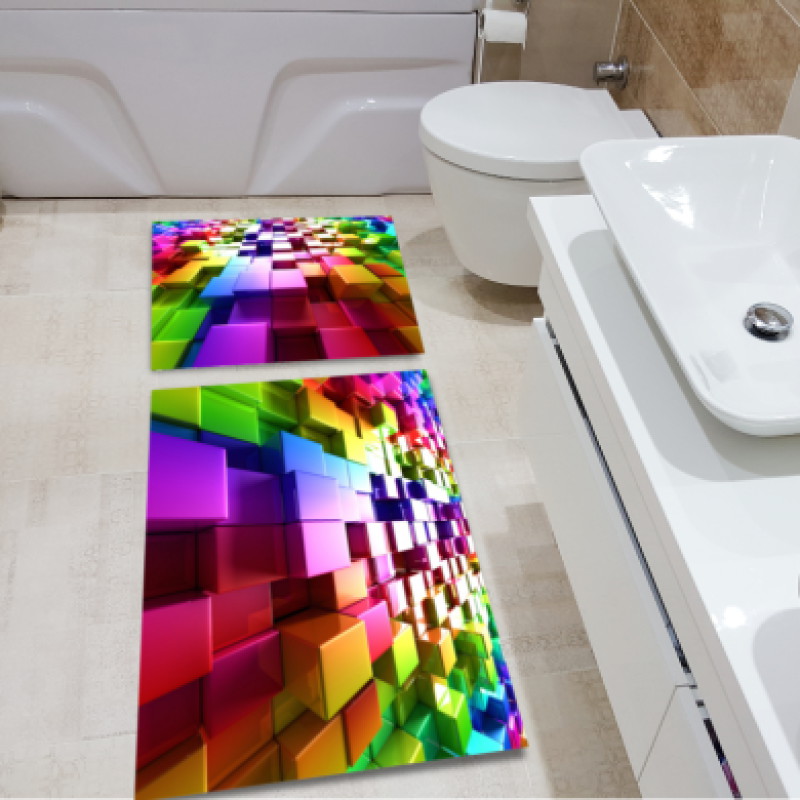 3 Boyutlu Renkli Küpler İkili Banyo Paspas Seti – Gökkuşağı Glossy 3D Parlak