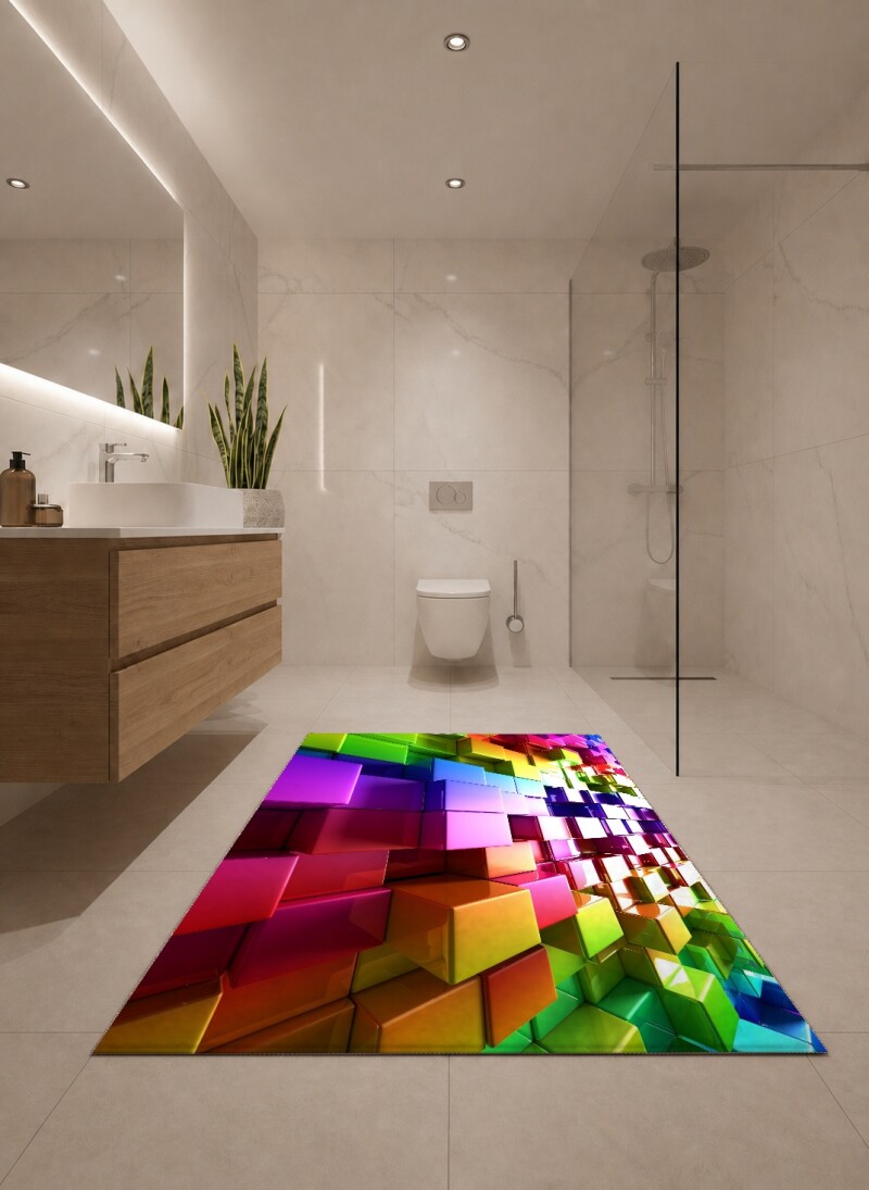 3 Boyutlu Renkli Küpler İkili Banyo Paspas Seti – Gökkuşağı Glossy 3D Parlak