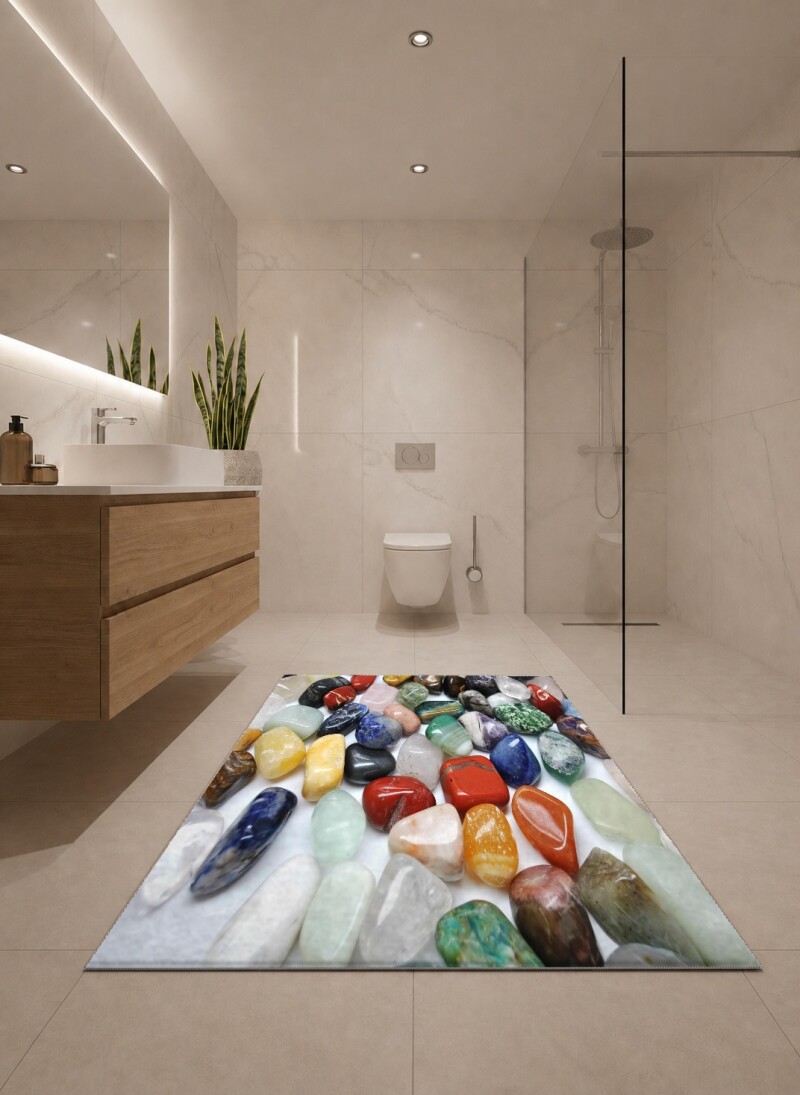 3 Boyutlu Renkli Taşlar İkili Banyo Paspas Seti – Yarı Kıymetli Taş Kristal Mineral