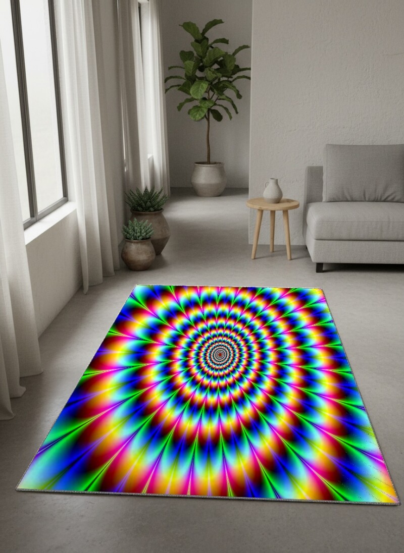 3 Boyutlu Sonsuz İllüzyon Dekoratif Halı – Gökkuşağı Psikedelik Spiral