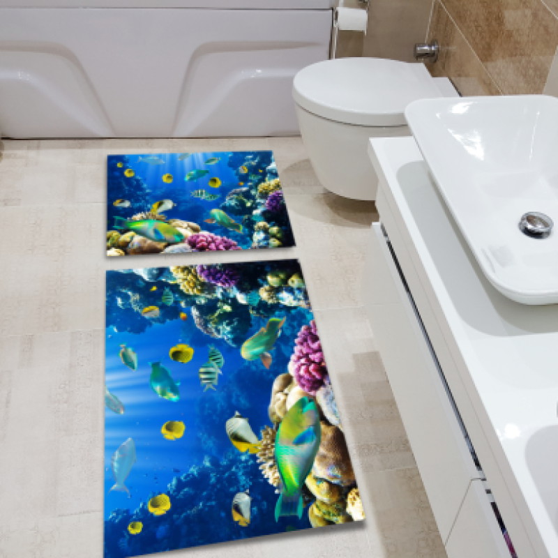 3 Boyutlu Sualtı Dünyası Renkli Balıklar İkili Banyo Paspas Seti – Tropikal Mavi Mercan