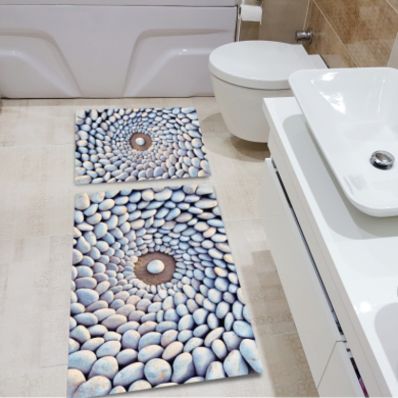 3 Boyutlu Taşlar Kuyu Desenli İkili Banyo Paspas Seti – Gri Mavi Spiral Zen Mandala