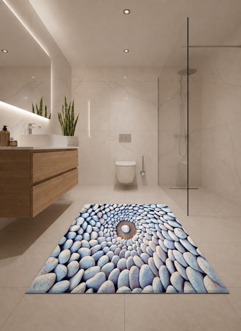 3 Boyutlu Taşlar Kuyu Desenli İkili Banyo Paspas Seti – Gri Mavi Spiral Zen Mandala