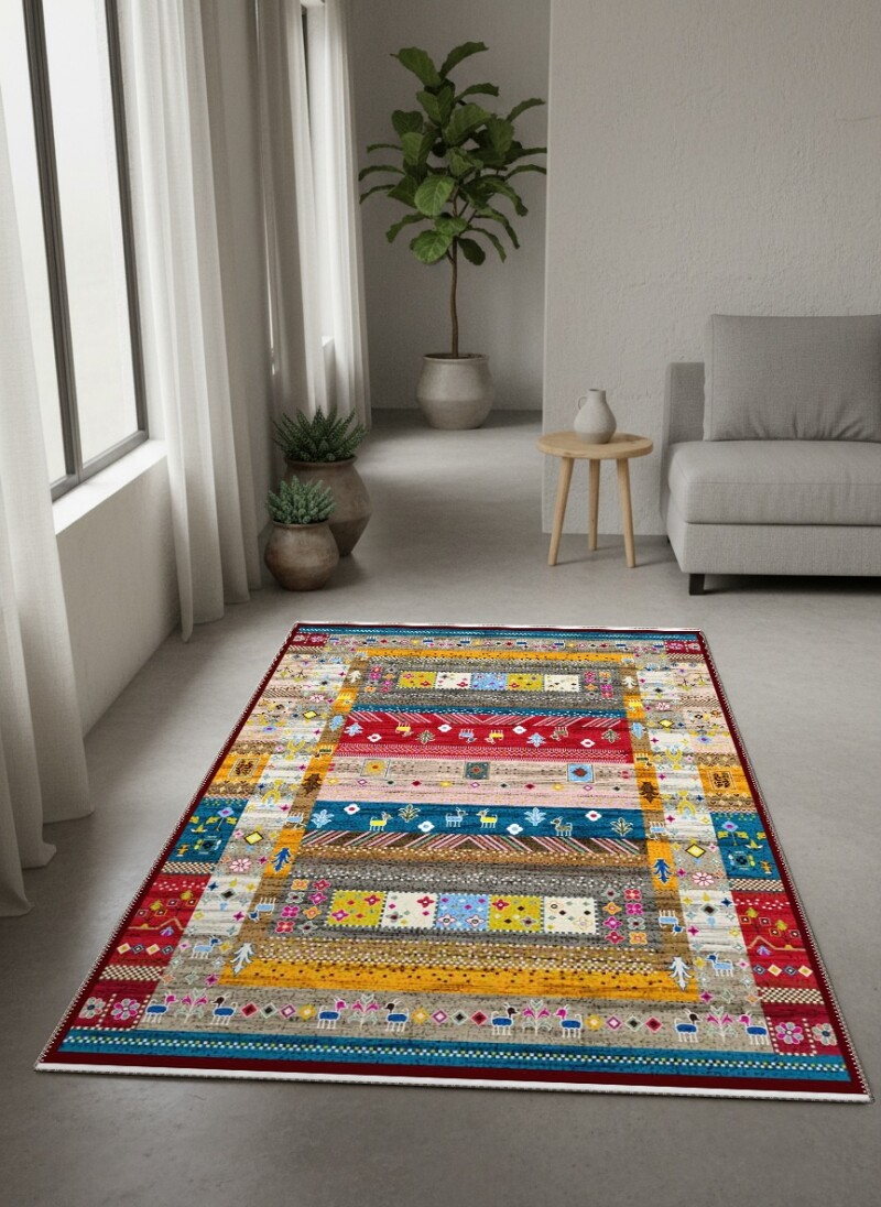 Afgan Gabbeh Çok Renkli Şeritli Kilim Dekoratif Salon Halısı – Çok Renkli