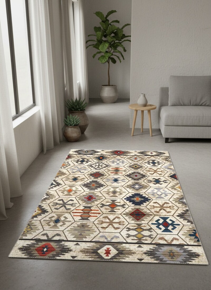Anadolu Kilim Altıgen Kolaj Motifli Dekoratif Salon Halısı – Krem Çok Renkli