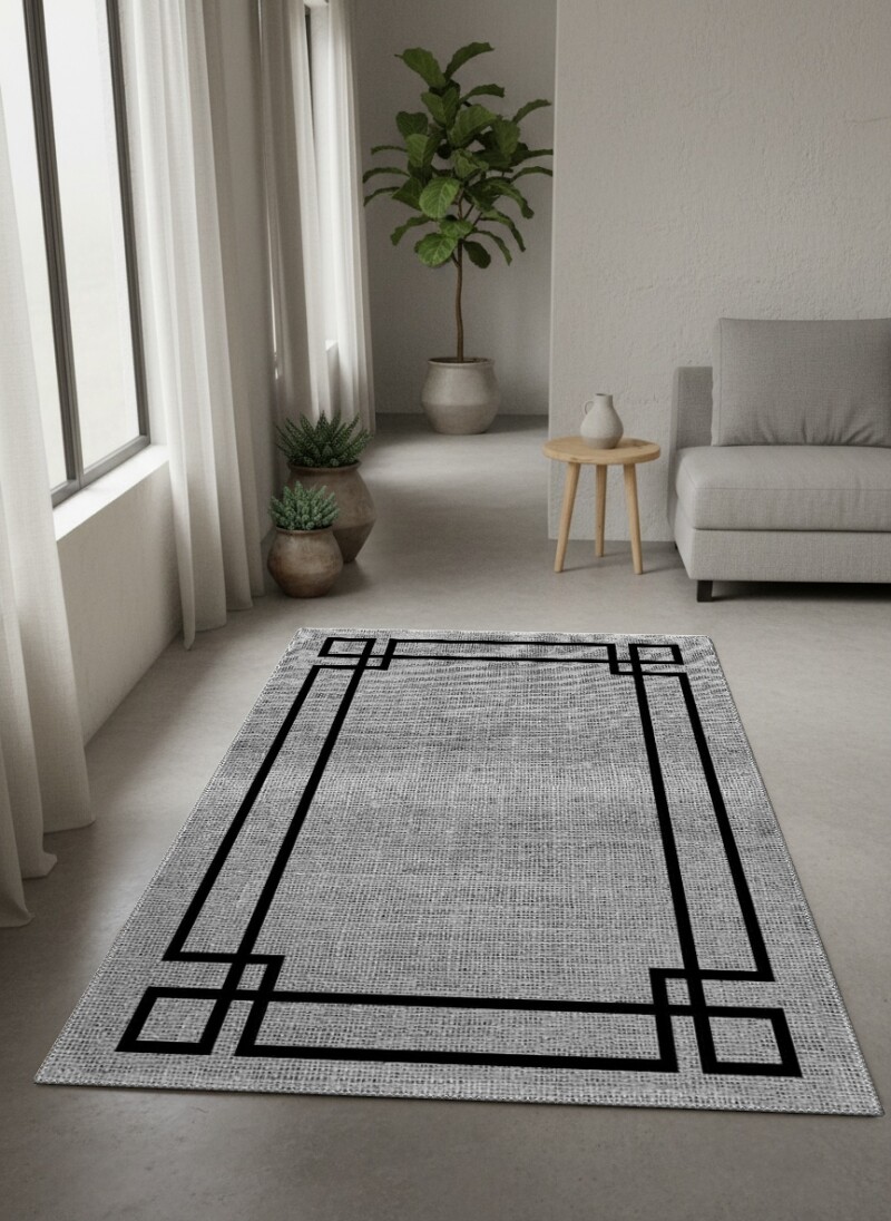 Art Deco Çerçeveli Keten Dokulu Dekoratif Salon Halısı – Açık Gri Siyah