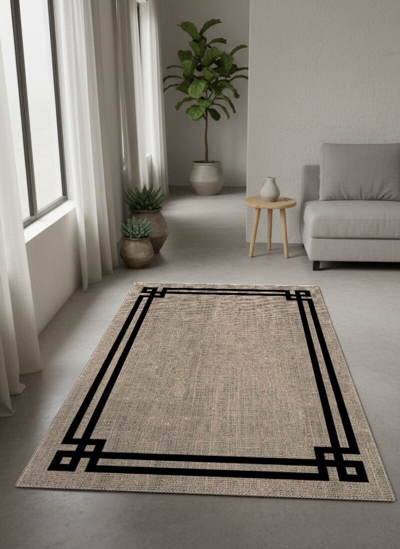 Art Deco Çerçeveli Keten Dokulu Dekoratif Salon Halısı – Bej Gri Siyah