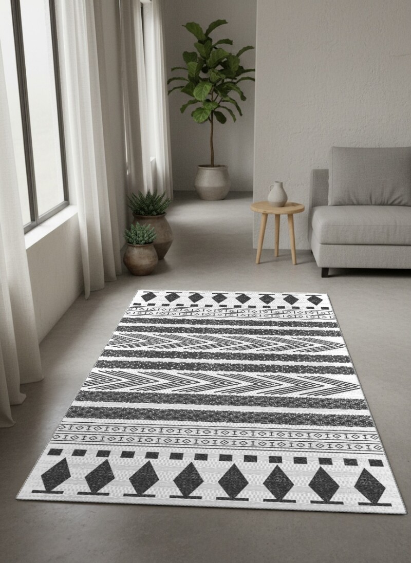 Aztek Tribal Şeritli Geometrik Desenli Dekoratif Salon Halısı – Siyah Beyaz