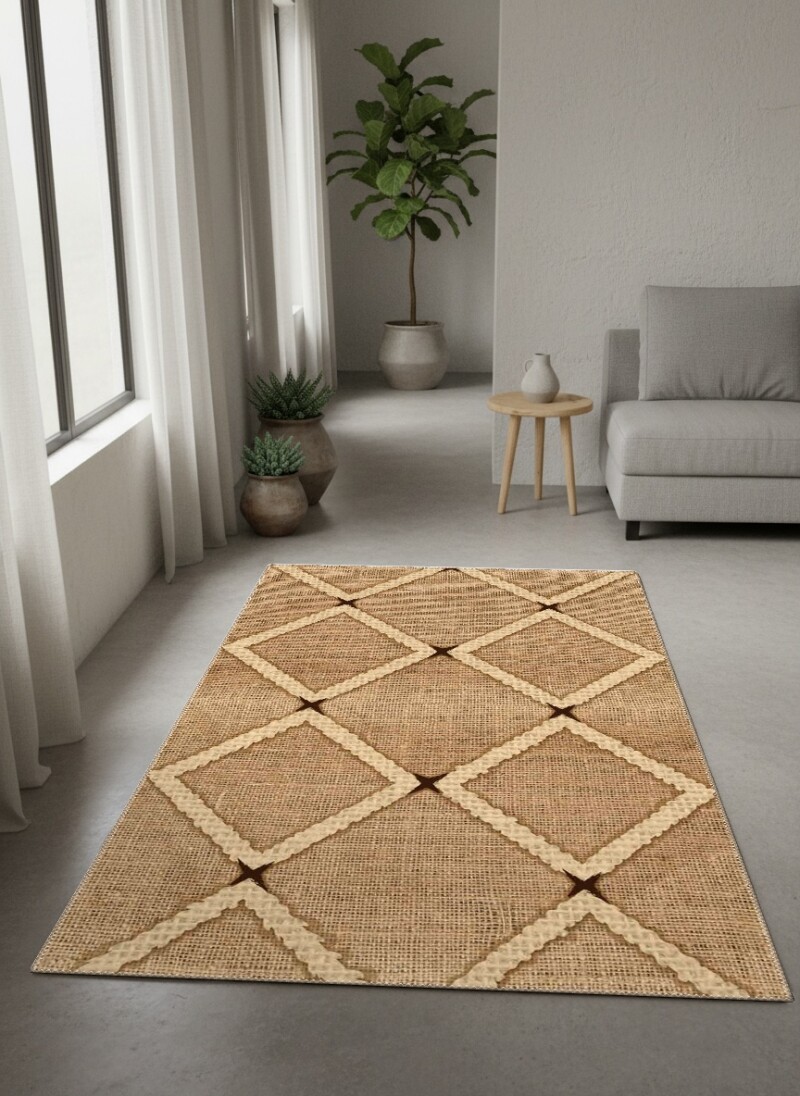 Baklava Elmas Geometrik Tribal Dekoratif Salon Halısı – Krem Kahve