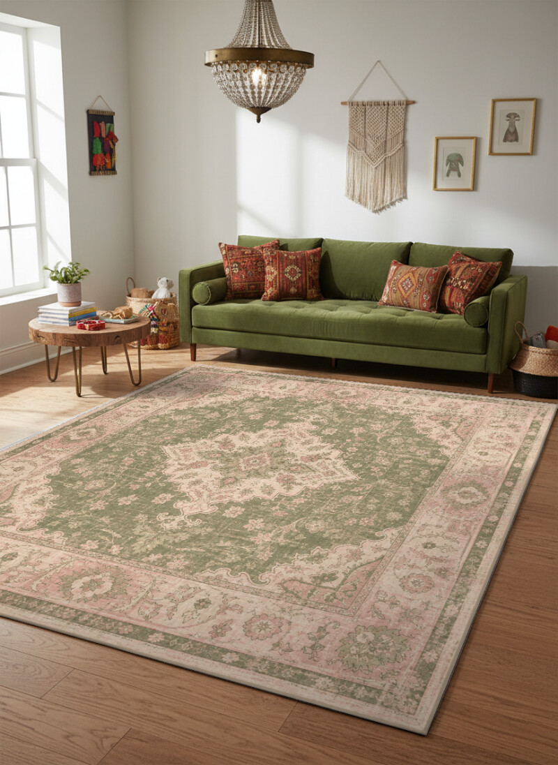 Bej Eskitme Vintage Etnik Madalyon Dekoratif Halı – Yeşil Bej Klasik