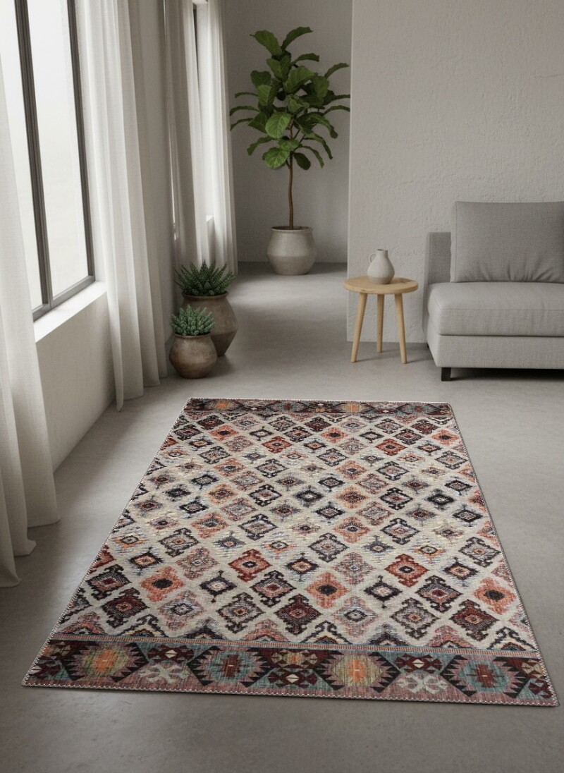 Berber Bohem Elmas Geometrik Tribal Desenli Dekoratif Salon Halısı – Krem Terracotta