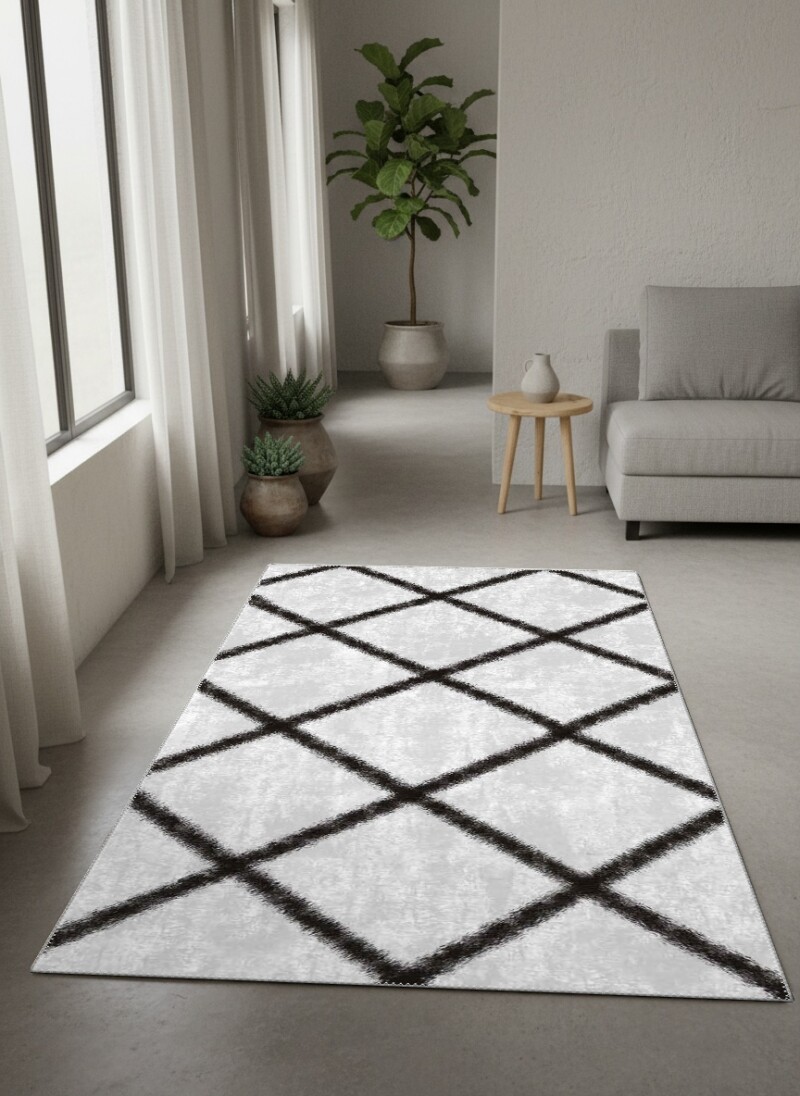 Berber Fas Trellis Elmas Kafes Desenli Dekoratif Salon Halısı – Krem Siyah