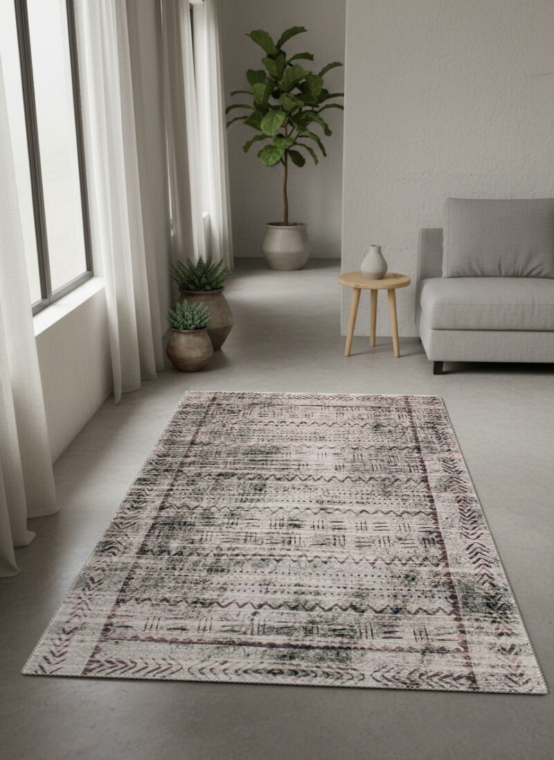 Berber Tribal Zigzag Chevron Desenli Dekoratif Salon Halısı – Bej Gri Siyah