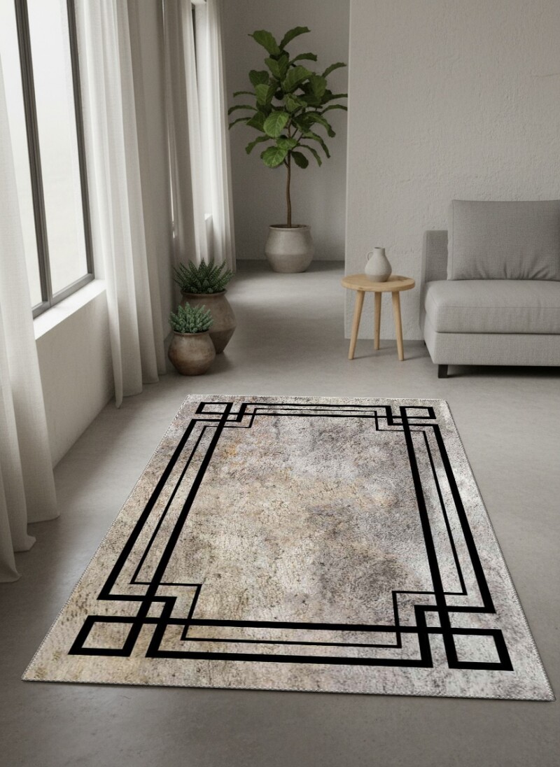 Beton Kumtaşı Dokulu Art Deco Çerçeveli Dekoratif Salon Halısı – Bej Gri Siyah