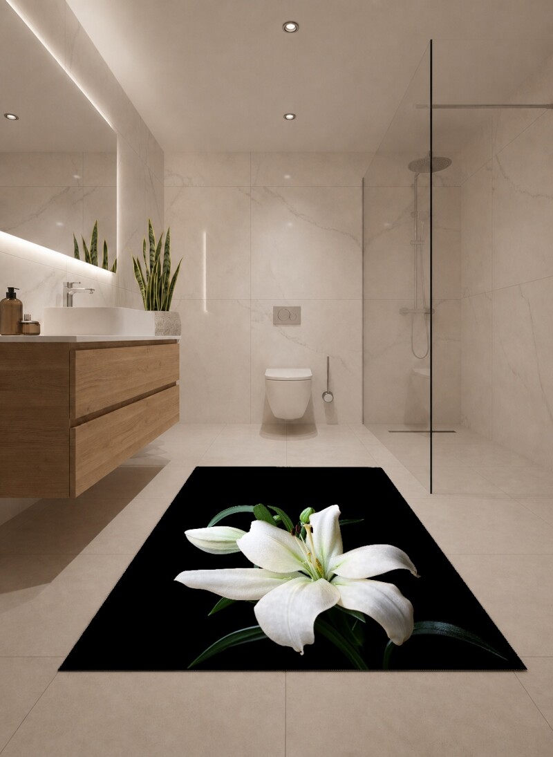 Beyaz Zambak Botanik Dekoratif Salon Halısı – Siyah Zemin Minimalist