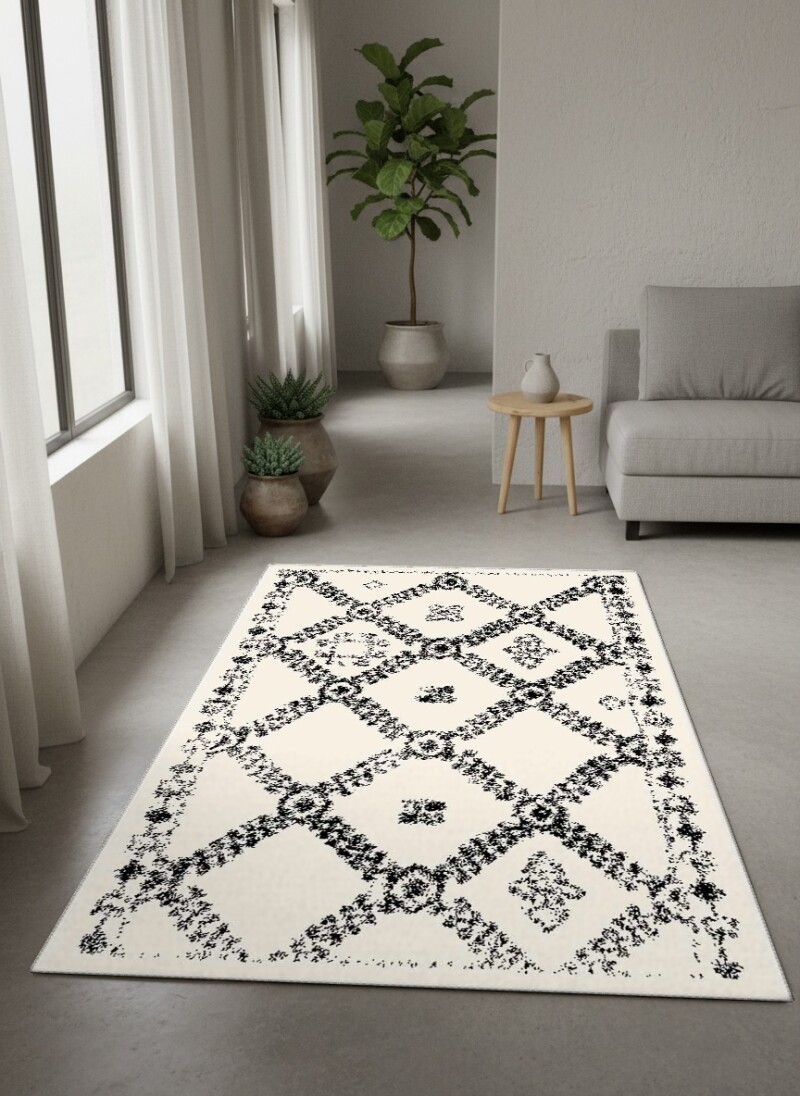 Bohem Berber Tribal Elmas Kafes Desenli Dekoratif Salon Halısı — Krem Siyah