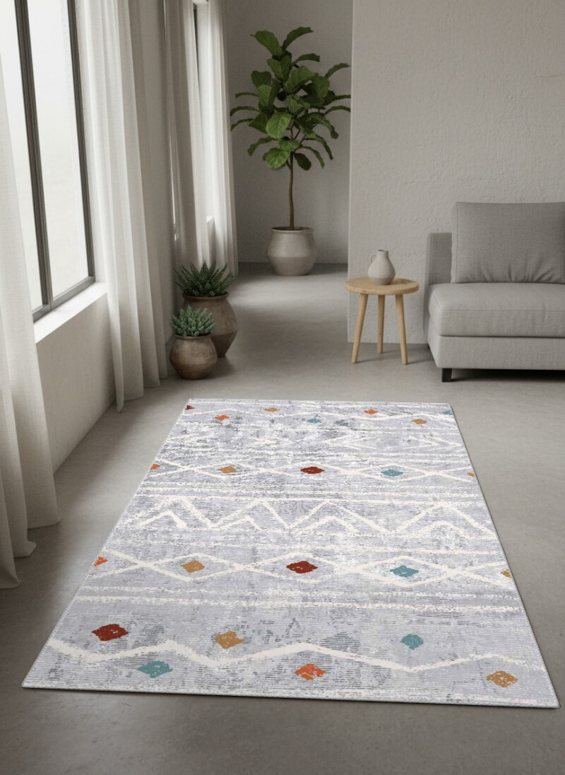 Boho Tribal Etnik Eskitme Desenli Dekoratif Salon Halısı – Gri Krem Vintage